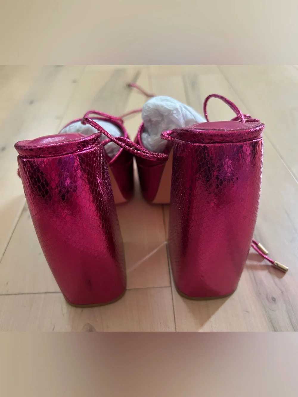 Metallic Pink Tie Ankle Chunky Platform Sandals Size 6